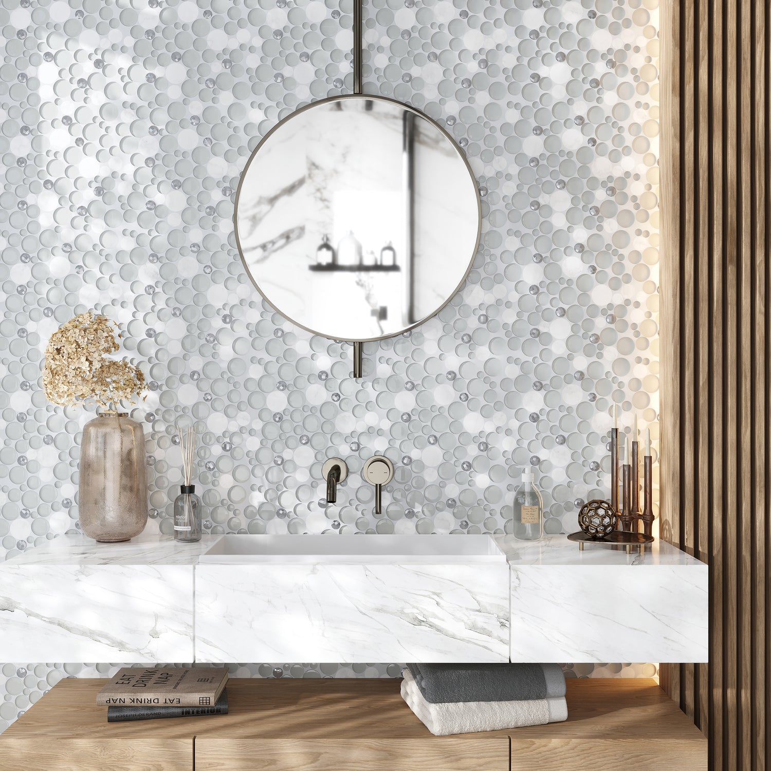 White 12x12 Glossy Matte Bubble Glass Marble Mosaic Tile (5 pack, 4.67 sq ft/case)