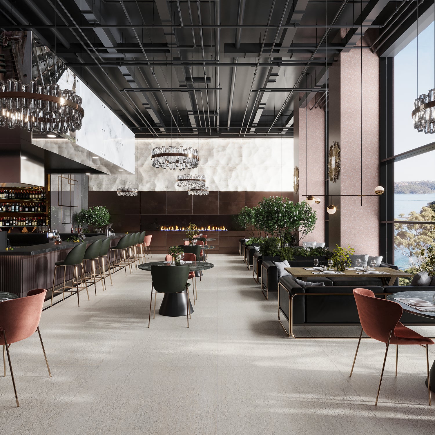 beige 48x48 matte porcelain large tile floor with subtle texture in modern spacious interior