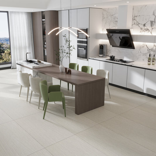 beige matte porcelain deco large tile 24x48 installed flooring with subtle textured pattern