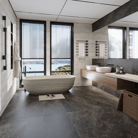 black matte porcelain large tile floor with subtle texture and speckled pattern