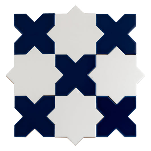 Sample-5" Pearl White Star with Cobalt Blue Cross Glossy Ceramic Wall and Floor Tile (10.76 sq ft/case) - 54 Pack