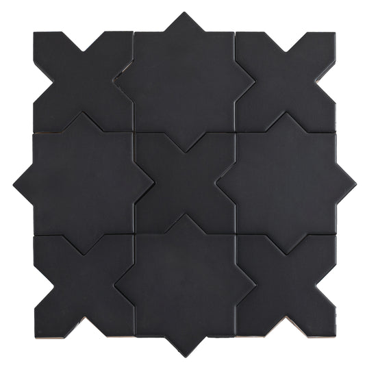 Charcoal black 5 inch star with cross matte ceramic wall and floor tiles arranged flat