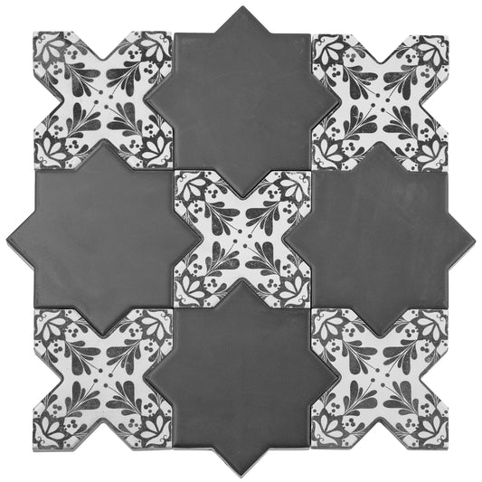 Charcoal black 5 inch star and cross shaped matte ceramic wall and floor tiles with floral pattern