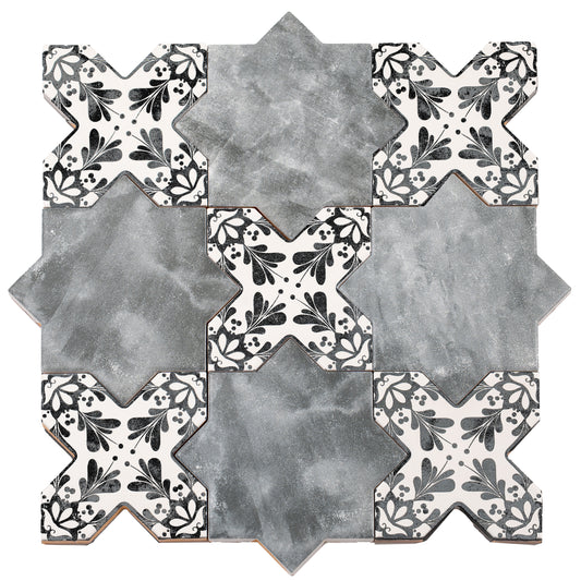 5 inch gray star and charcoal black cross deco matte ceramic wall and floor tile set
