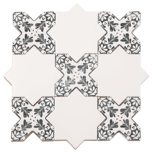 Sample-5" White Star with Charcoal Black Cross Deco Matte Ceramic Wall and Floor Tile (10.76 sq ft/case) - 54 Pack