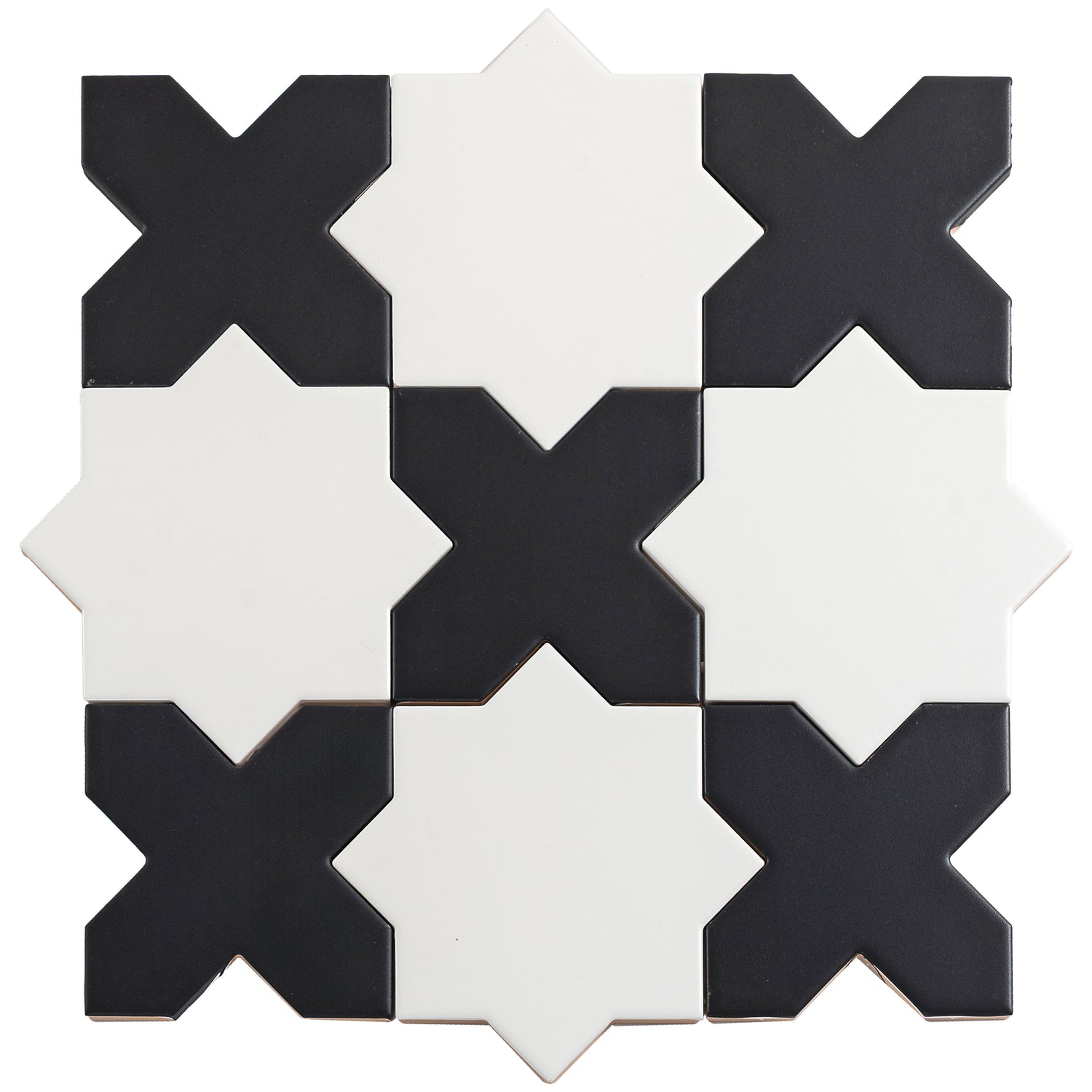 5 inch white star and charcoal black cross matte ceramic wall and floor tile in interlocking pattern