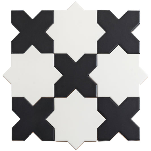 5 inch white star and charcoal black cross matte ceramic wall and floor tile in interlocking pattern