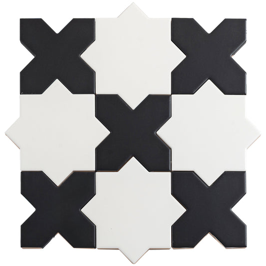 Sample-5" White Star with Charcoal Black Cross Matte Ceramic Wall and Floor Tile (10.76 sq ft/case) - 54 Pack