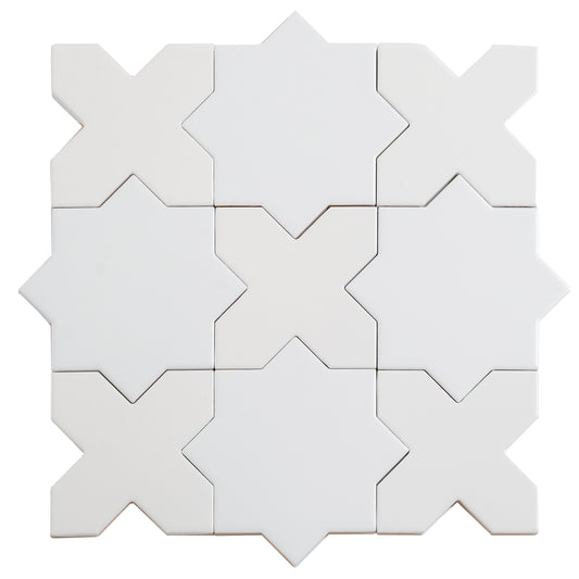 Pearl white 5 inch star and cross glossy ceramic wall and floor tiles in interlocking pattern