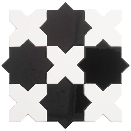 Sample-5" Black Star with Pearl White Cross Glossy Ceramic Wall and Floor Tile (10.76 sq ft/case) - 54 Pack