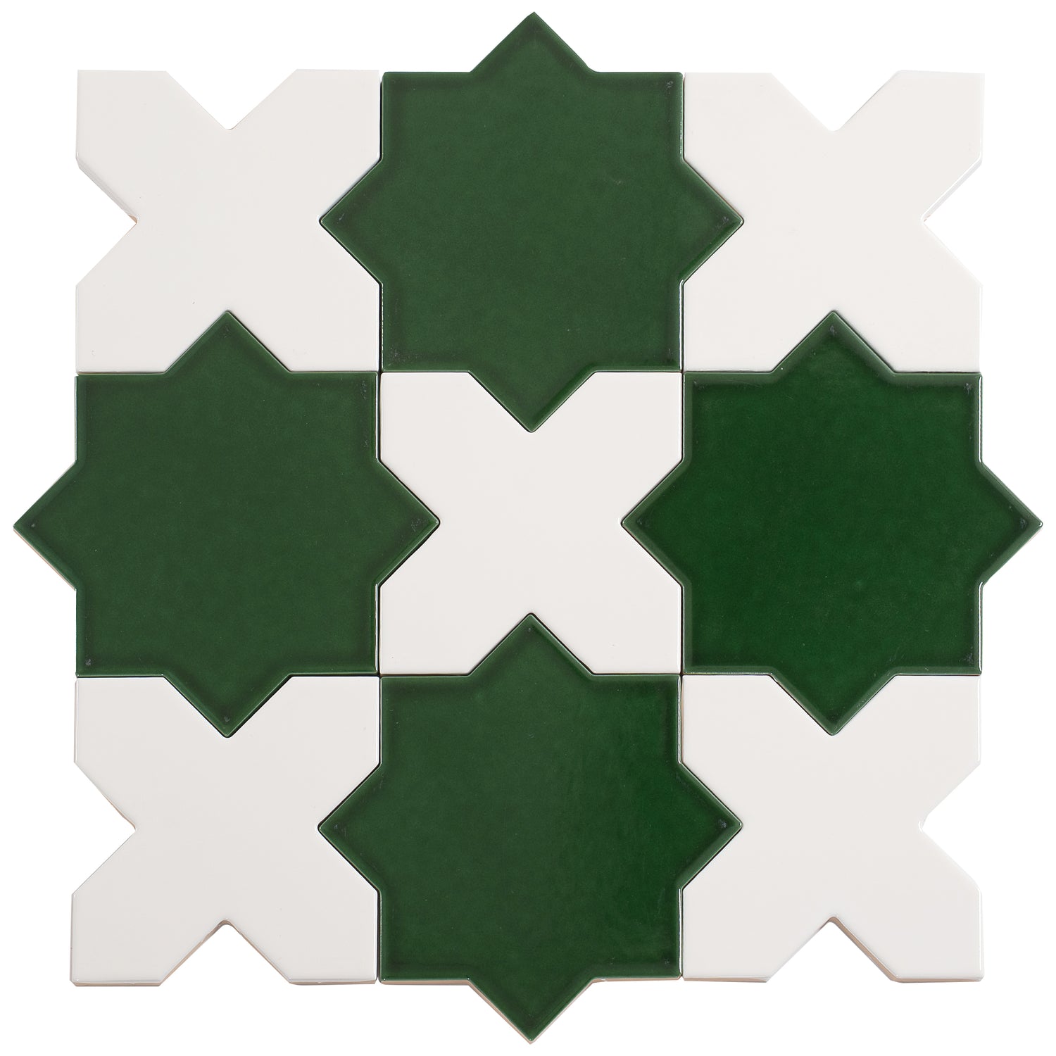 5" Dark Green Star with Pearl White Cross Glossy Ceramic Wall and Floor Tile (10.76 sq ft/case) - 54 Pack