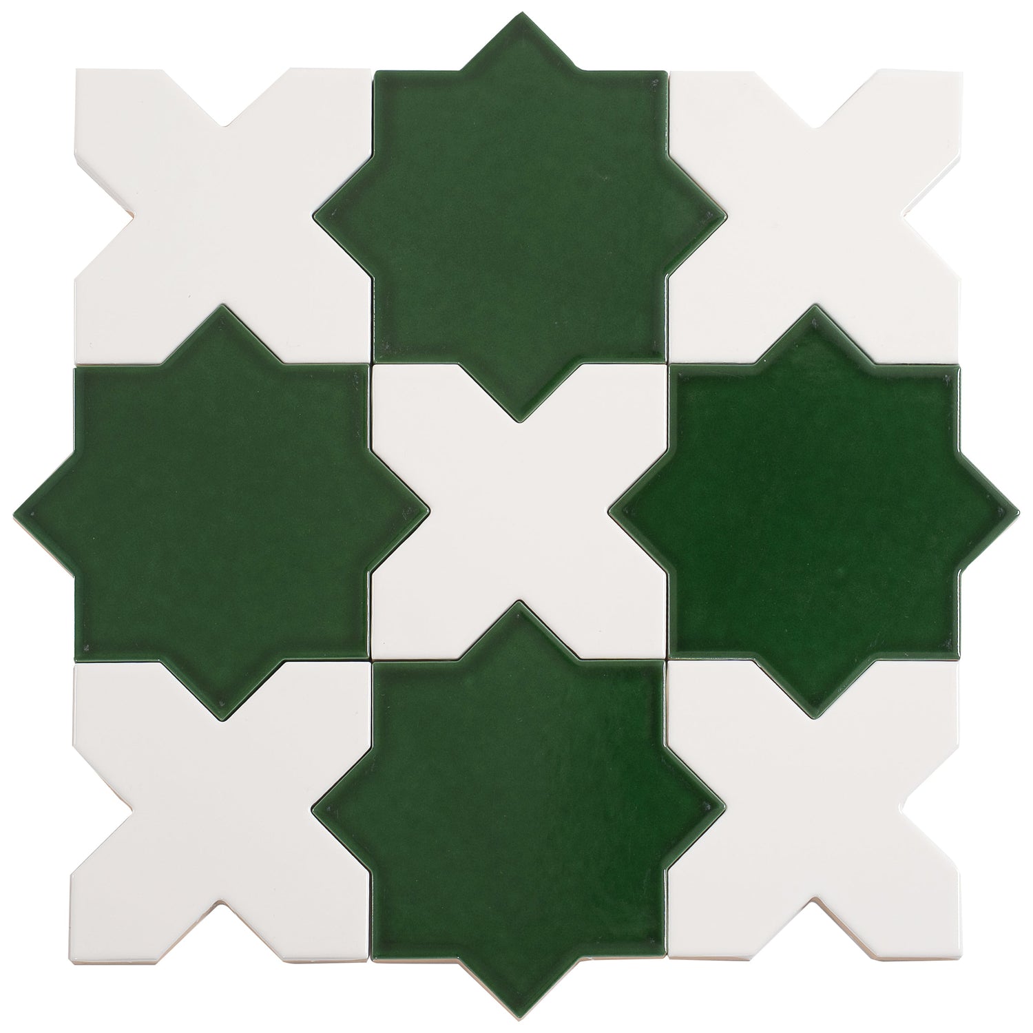 Sample - 5" Dark Green Star with Pearl White Cross Glossy Ceramic Wall and Floor Tile (10.76 sq ft/case) - 54 Pack