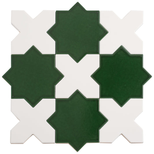 Sample-5" Dark Green Star with Pearl White Cross Glossy Ceramic Wall and Floor Tile (10.76 sq ft/case) - 54 Pack