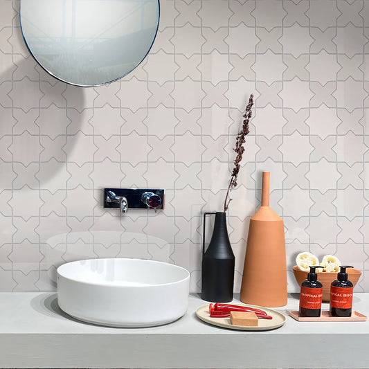 Sample-Pearl White 5x5 Glossy Cross Ceramic Tile (27 pack, 5.37 sq ft/case)