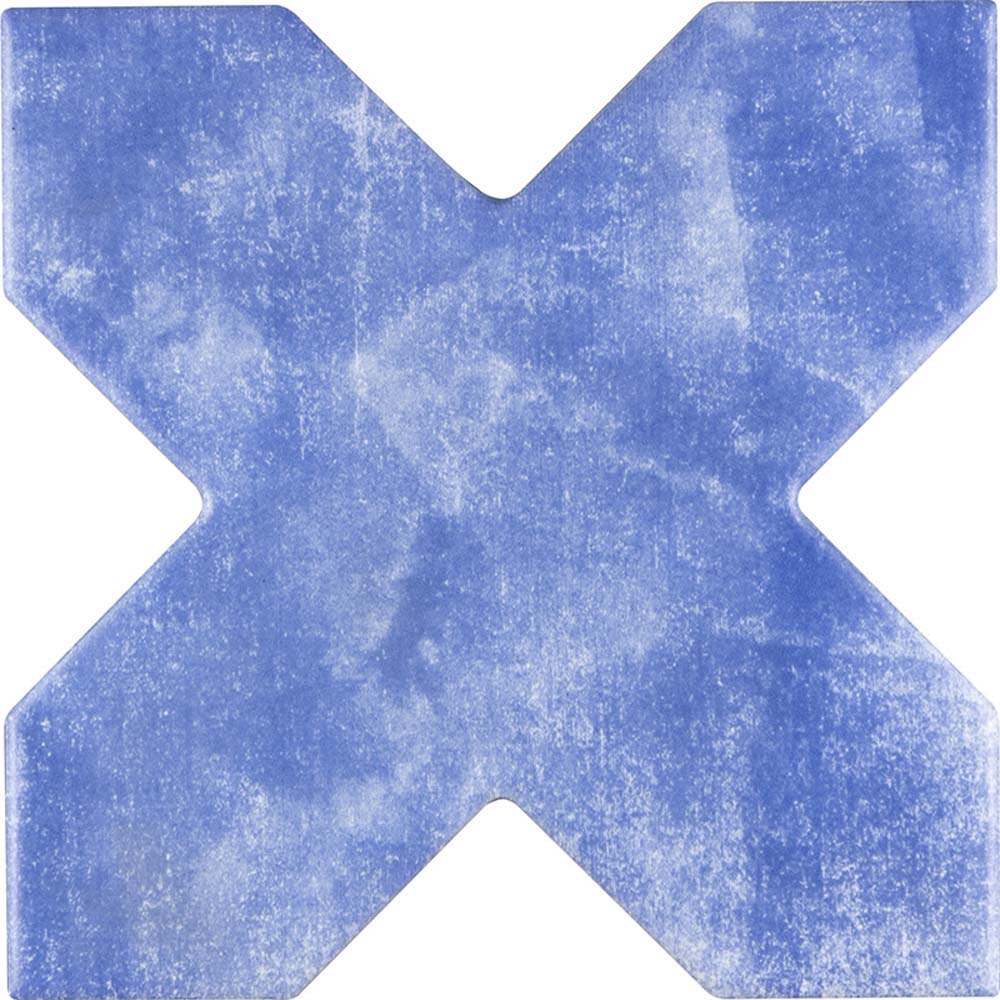 5-inch matte ceramic wall and floor tile in white star shape with cornflower blue cross design
