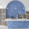 Cornflower blue ceramic cross-shaped matte tile as kitchen backsplash and counter front