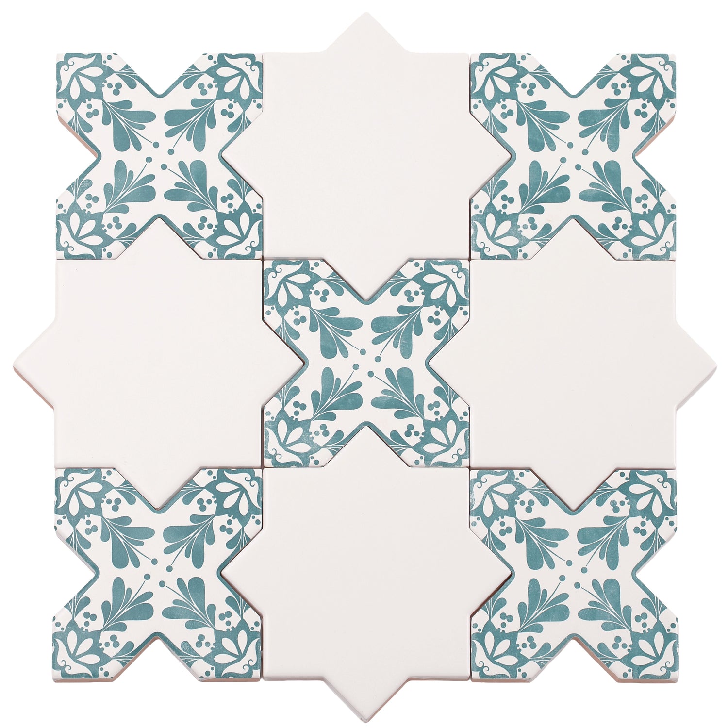 5 inch white star matte ceramic wall and floor tile with pistachio green decorative cross pattern