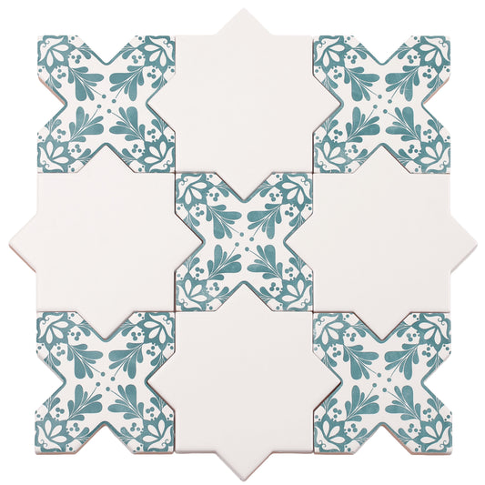 5 inch white star matte ceramic wall and floor tile with pistachio green decorative cross pattern