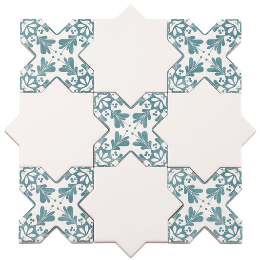 Sample-5" White Star with Pistachio Green Cross Deco Matte Ceramic Wall and Floor Tile (10.76 sq ft/case) - 54 Pack