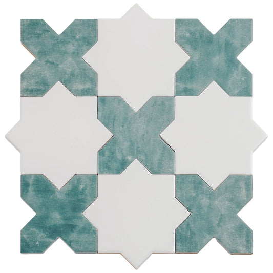 5 inch white star with pistachio green cross matte ceramic wall and floor tile arranged pattern