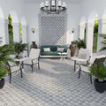Light gray ceramic cross-shaped matte tile, 5x5 inches, installed on floor and wall surface