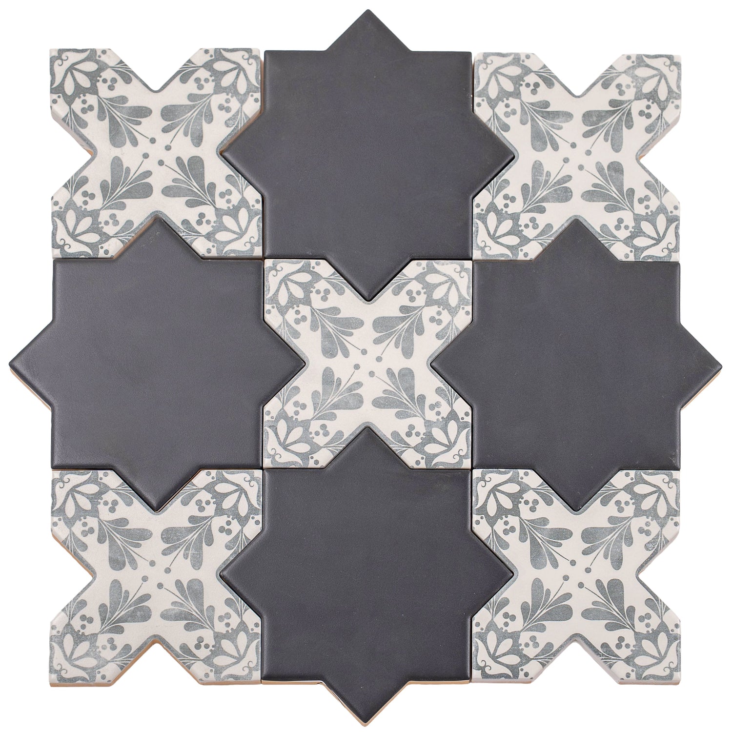 5 inch charcoal black star and gray floral cross matte ceramic wall and floor tiles