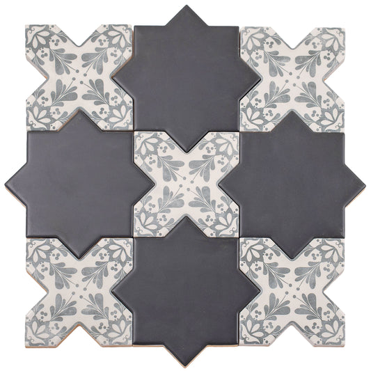 5 inch charcoal black star and gray floral cross matte ceramic wall and floor tiles