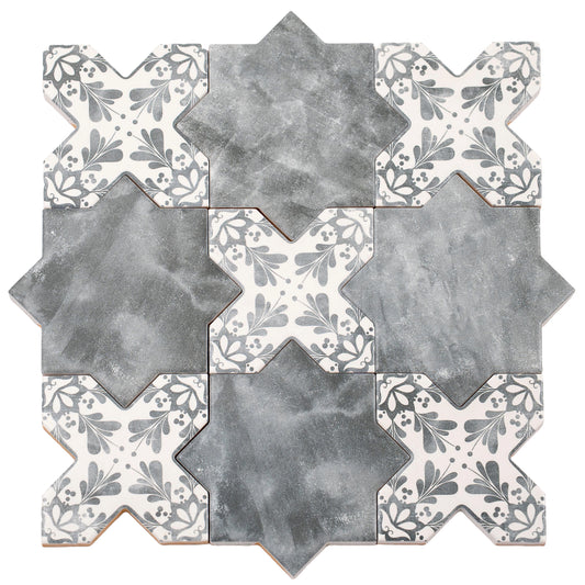 gray 5 inch star and cross patterned matte ceramic wall and floor tile with floral deco accents