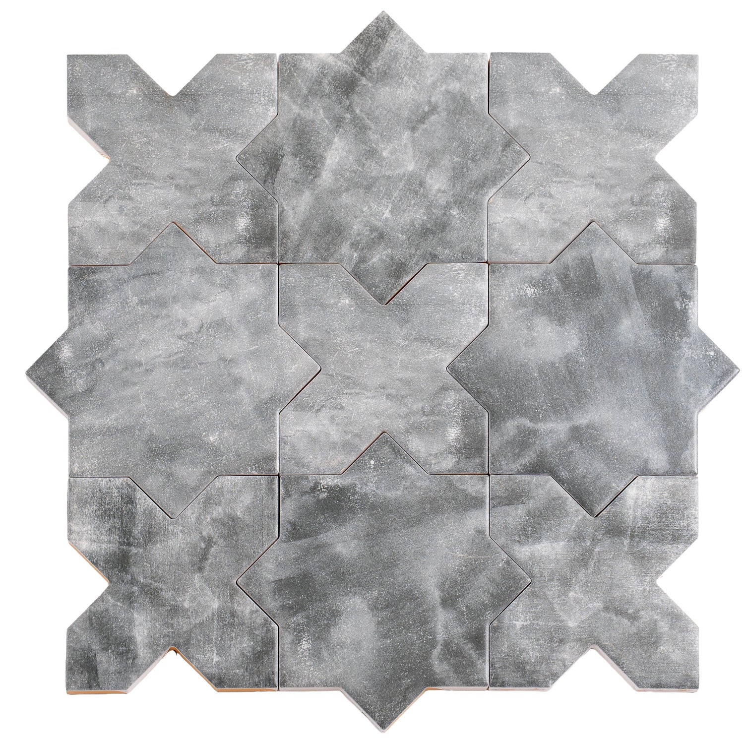Gray 5 inch star and cross matte ceramic wall and floor tiles arranged in a pattern
