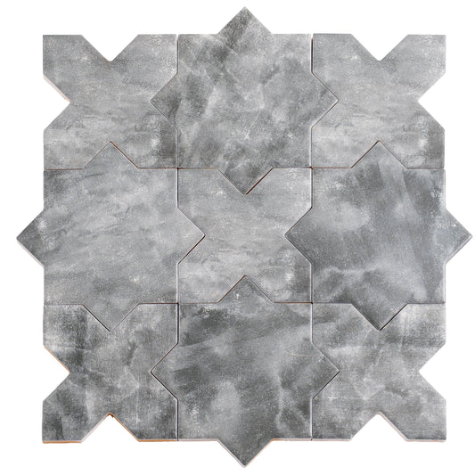 Gray 5 inch star and cross matte ceramic wall and floor tiles arranged in a pattern