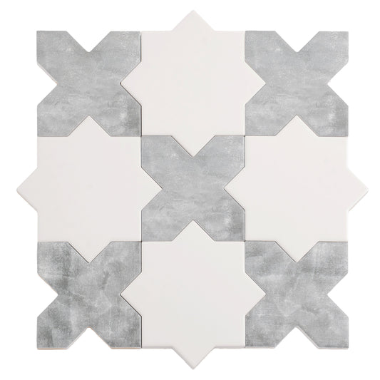 Sample-5" White Star with Gray Cross Matte Ceramic Wall and Floor Tile (10.76 sq ft/case) - 54 Pack