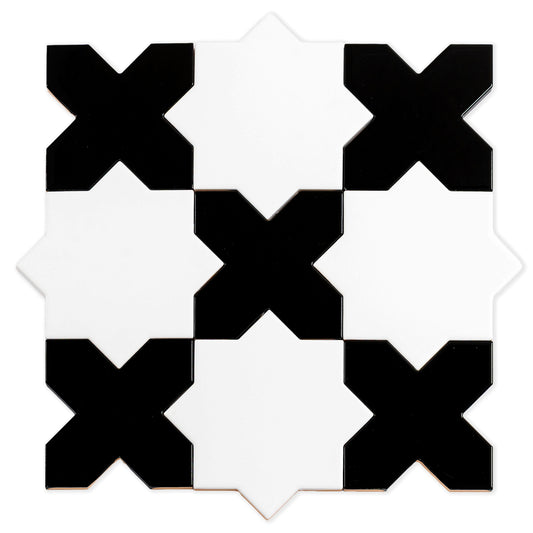 Sample-5" Pearl White Star with Black Cross Glossy Ceramic Wall and Floor Tile (10.76 sq ft/case) - 54 Pack