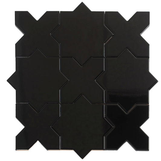 Glossy black ceramic tiles shaped as 5-inch stars and crosses for wall and floor