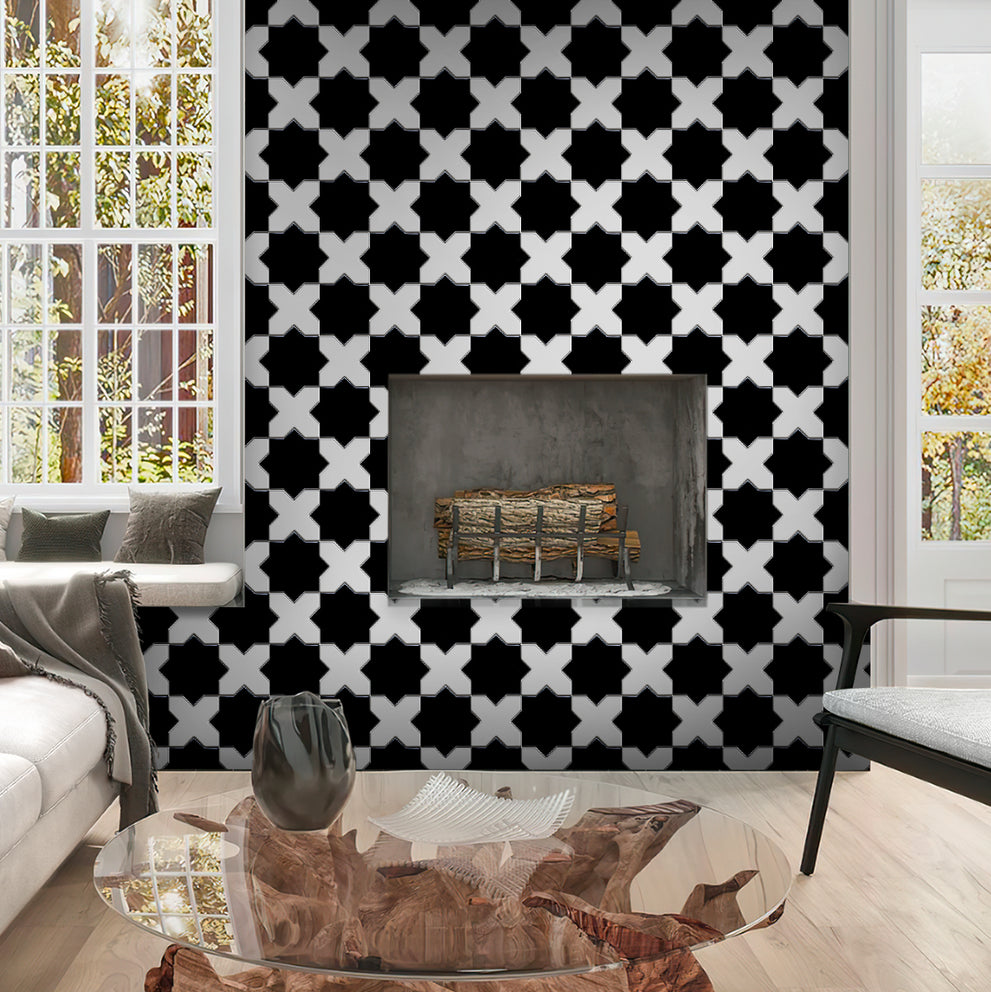 Black 5x5 Glossy Star Ceramic Tile on a fireplace hearth
