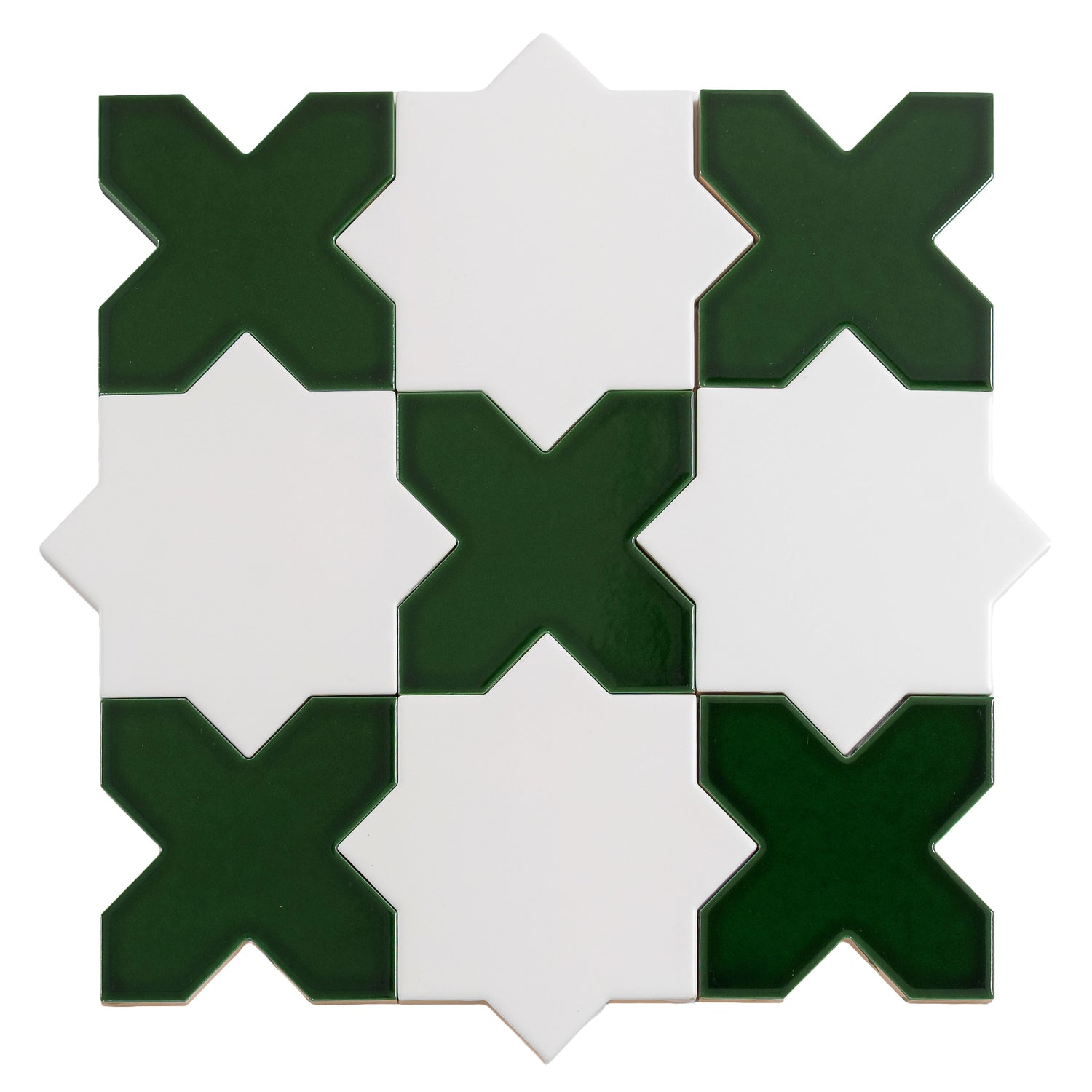Sample - 5" Pearl White Star with Dark Green Cross Glossy Ceramic Wall and Floor Tile (10.76 sq ft/case) - 54 Pack