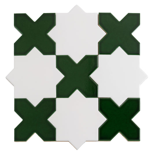 Sample-5" Pearl White Star with Dark Green Cross Glossy Ceramic Wall and Floor Tile (10.76 sq ft/case) - 54 Pack