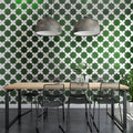 Green and white ceramic cross-shaped backsplash tile with a glossy finish, 5x5 inches