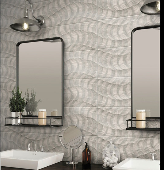 Light gray matte ceramic wall tile with swirling pattern, 12x36 inch, ideal for bathroom or shower walls
