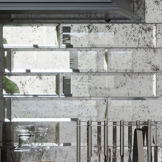 Antique mirror beveled glass subway tile with glossy finish, 3x12 inches, kitchen backsplash or bathroom wall