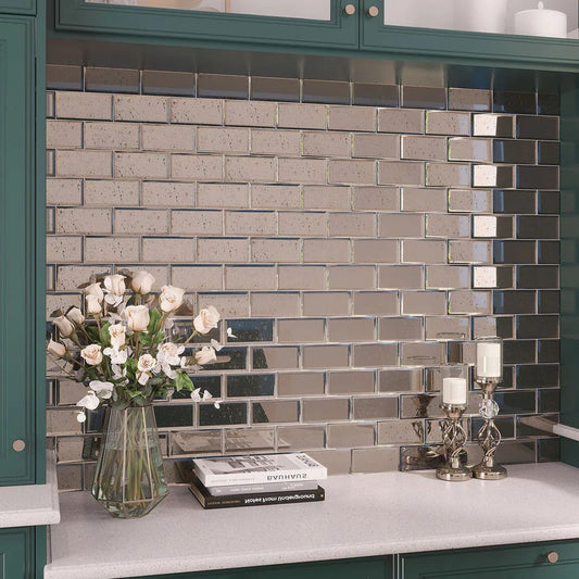 Polished antique silver glass subway tile backsplash, 3x6 inches, kitchen wall installation