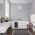 grey and white polished recycled glass diamond mosaic tile on bathroom wall