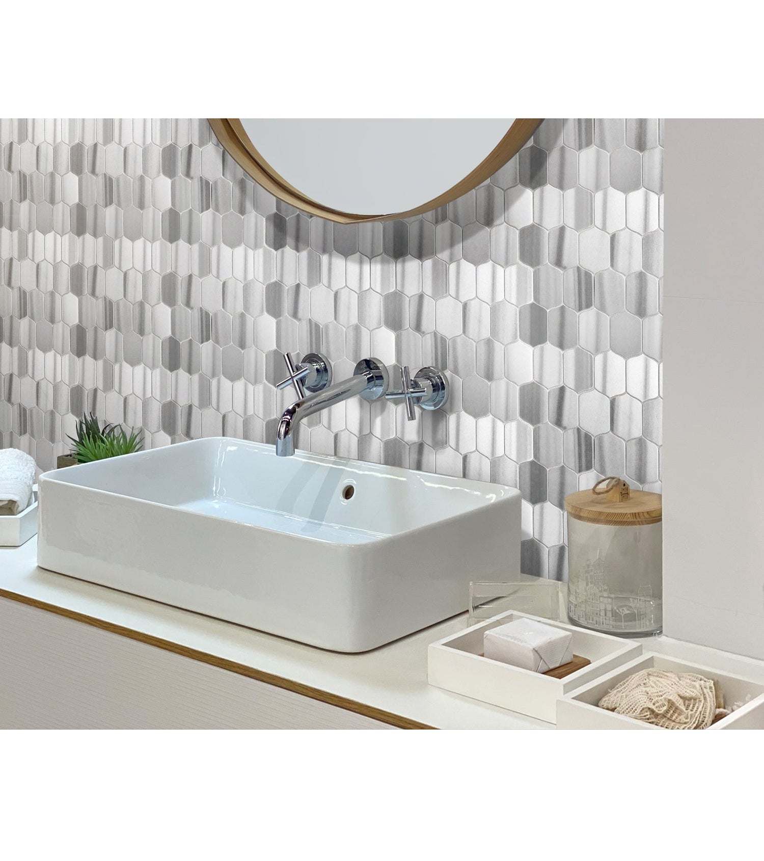 Sample - Cloud Gray 12x13 Polished Equator Marble Hexagon Mosaic tile (5 pack, 5.59 sq ft/case)