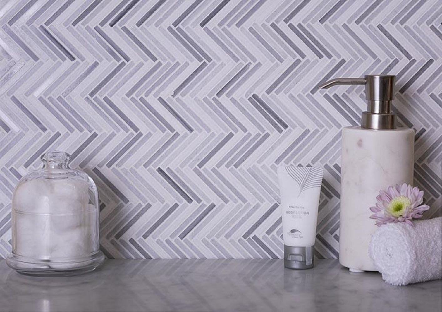 Sample - White, Gray 11x11 Polished Equator Marble Herringbone Mosaic tile (5 pack, 4.35 sq ft/case)