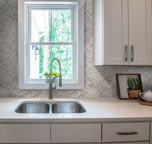 White, Gray 11x11 Polished Equator Marble Herringbone Mosaic tile (5 pack, 4.35 sq ft/case)