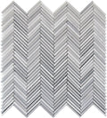 White and gray polished equator marble tile in 11x11 herringbone mosaic pattern