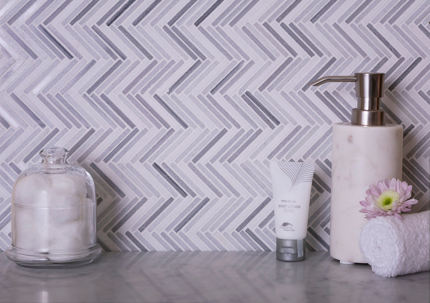 Sample - White, Gray 11x11 Polished Equator Marble Herringbone Mosaic tile (5 pack, 4.35 sq ft/case)