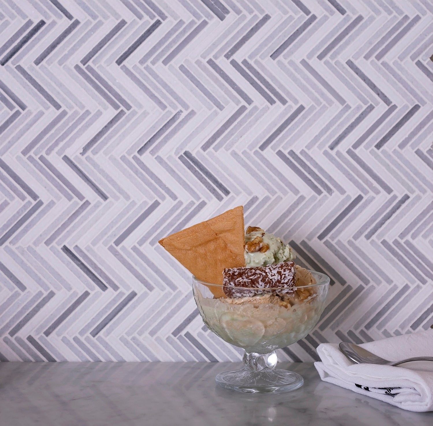 Sample - White, Gray 11x11 Polished Equator Marble Herringbone Mosaic tile (5 pack, 4.35 sq ft/case)