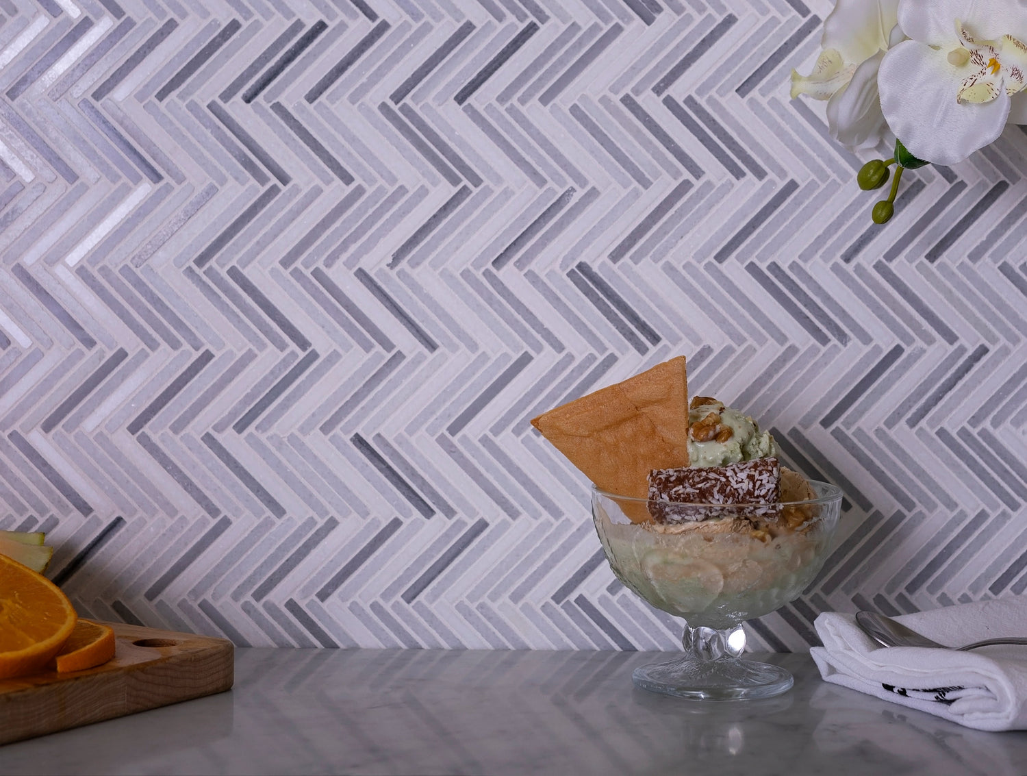 Sample - White, Gray 11x11 Polished Equator Marble Herringbone Mosaic tile (5 pack, 4.35 sq ft/case)
