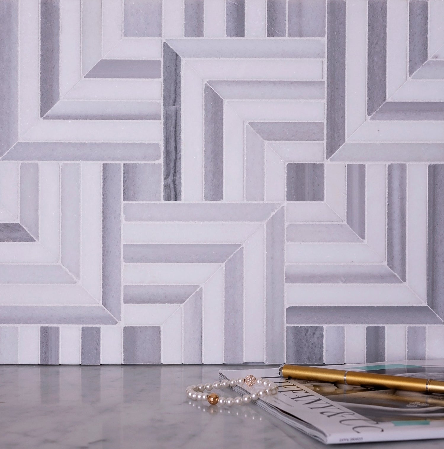 Sample - Fossil Gray 10x10 Polished Equator, Thassos Marble Mosaic tile (5 pack, 3.47 sq ft/case)
