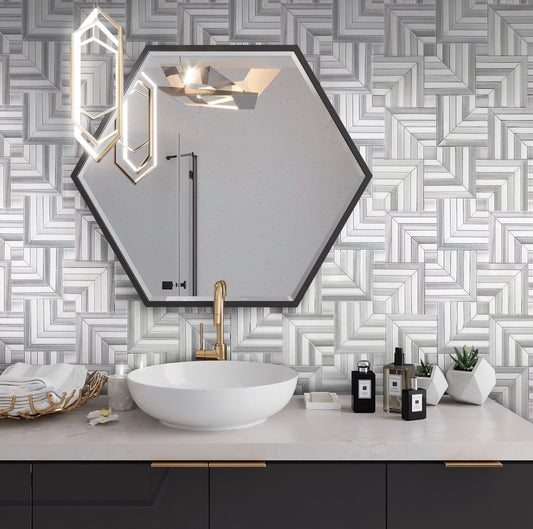 Fossil Gray 10x10 Polished Equator, Thassos Marble Mosaic tile (5 pack, 3.47 sq ft/case)